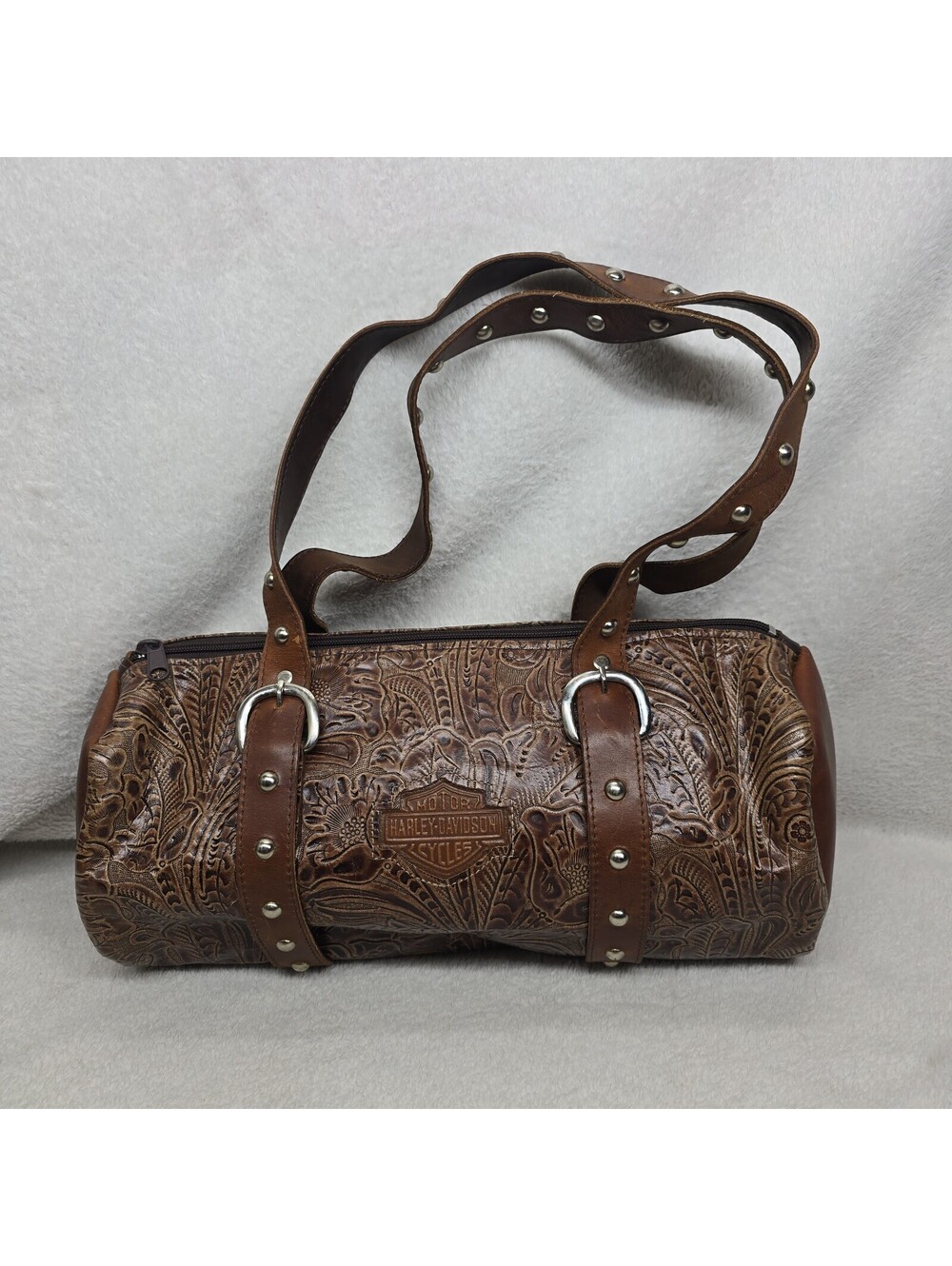 Harley Davidson Brown All Leather Hand Bag Purse Barrel Bag